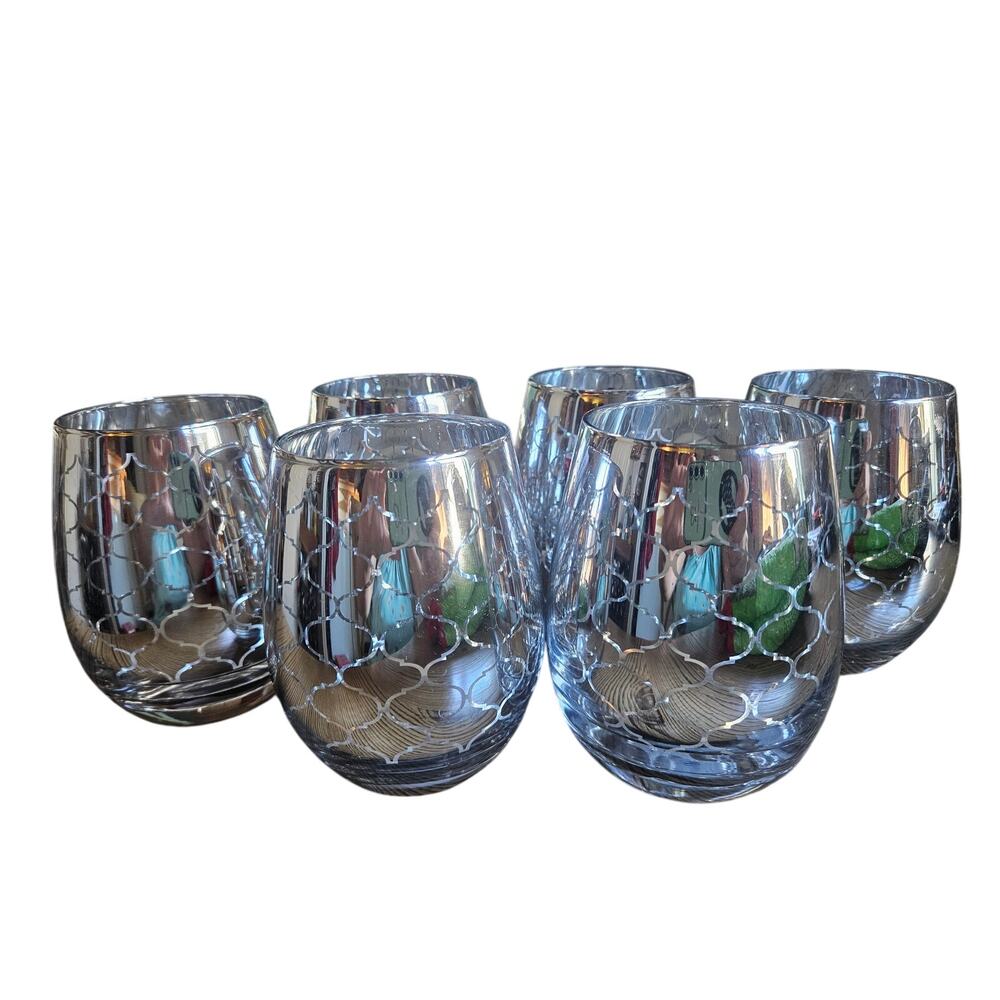 NWT 6 Pier1 Stemless Wine Glasses Silver Electroplated Quatrefoil 17.4oz.